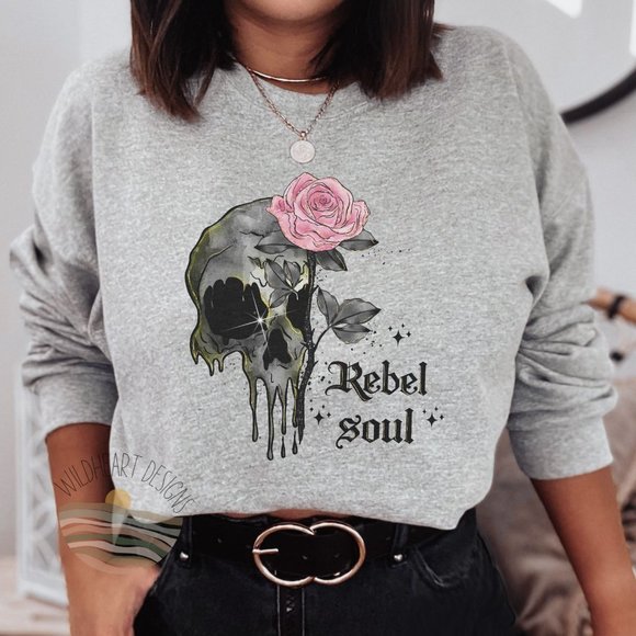 Tops - Rebel Soul Floral Skull Crew Neck Unisex Sweatshirt, Y2K 90's Sweatshirt